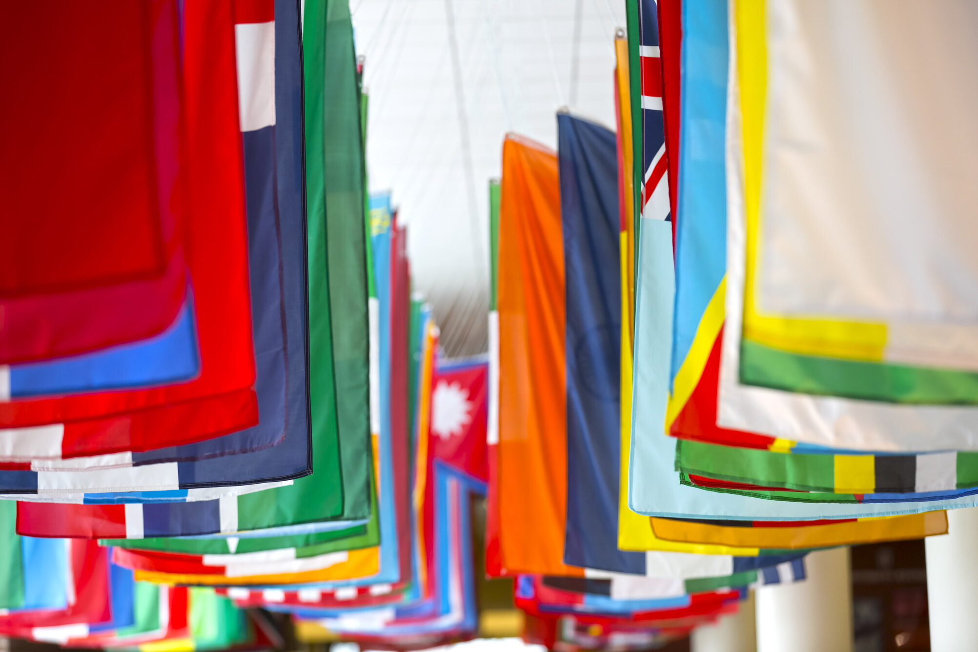 Flags from around the world hung from the ceiling in University Housing.