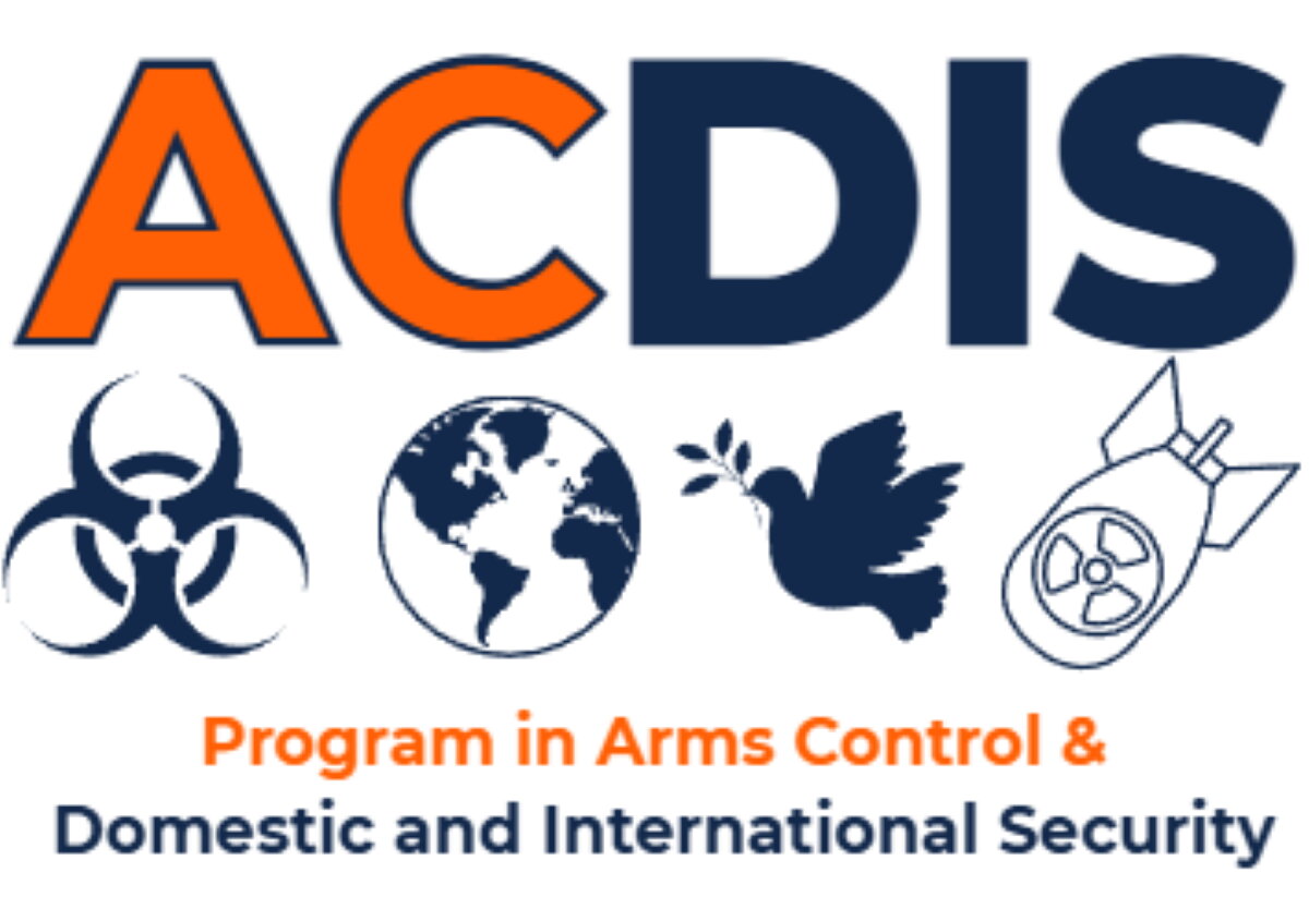 ACDIS Web Image of biohazard, globe, dove, nuclear bomb with the words Program in Arms Control & Domestic and International Security below the images